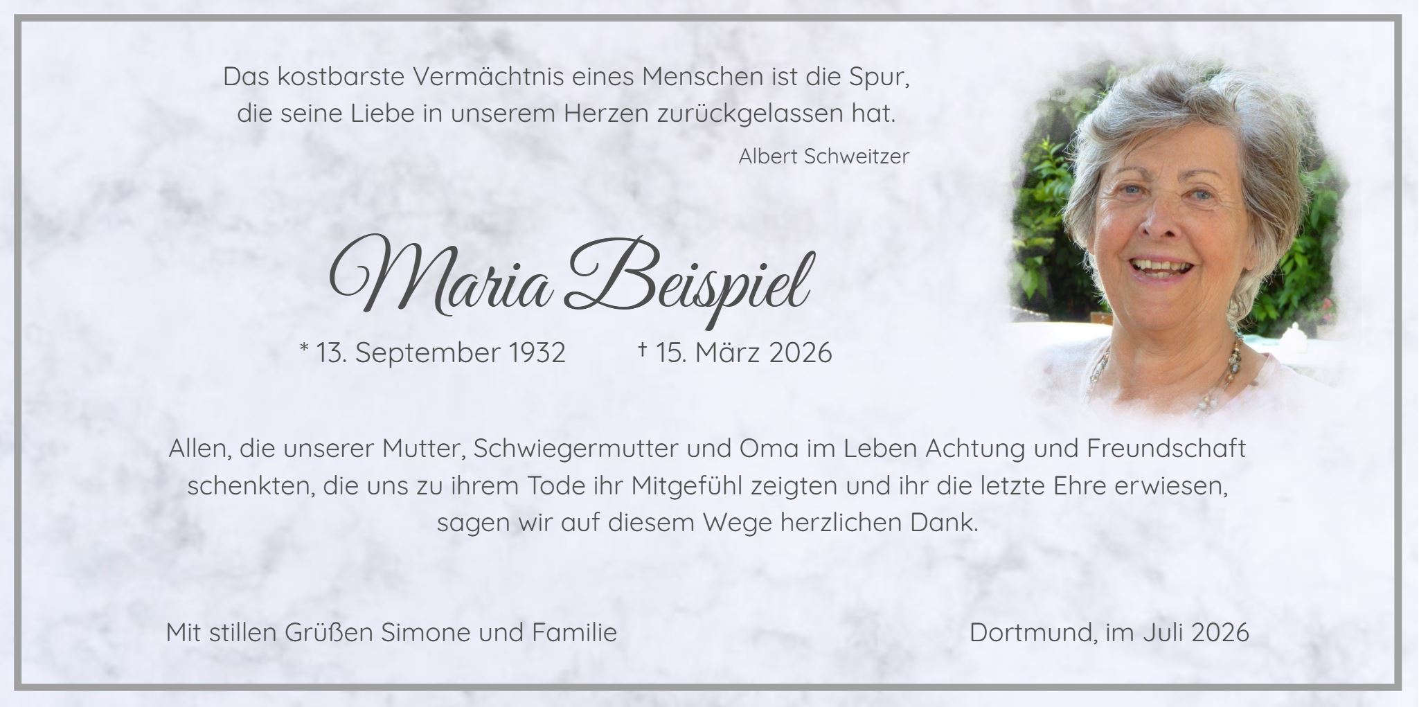 Grau marmorierte Danksagungskarte für Trauerfall, DIN lang mit grauem Trauerrahmen.