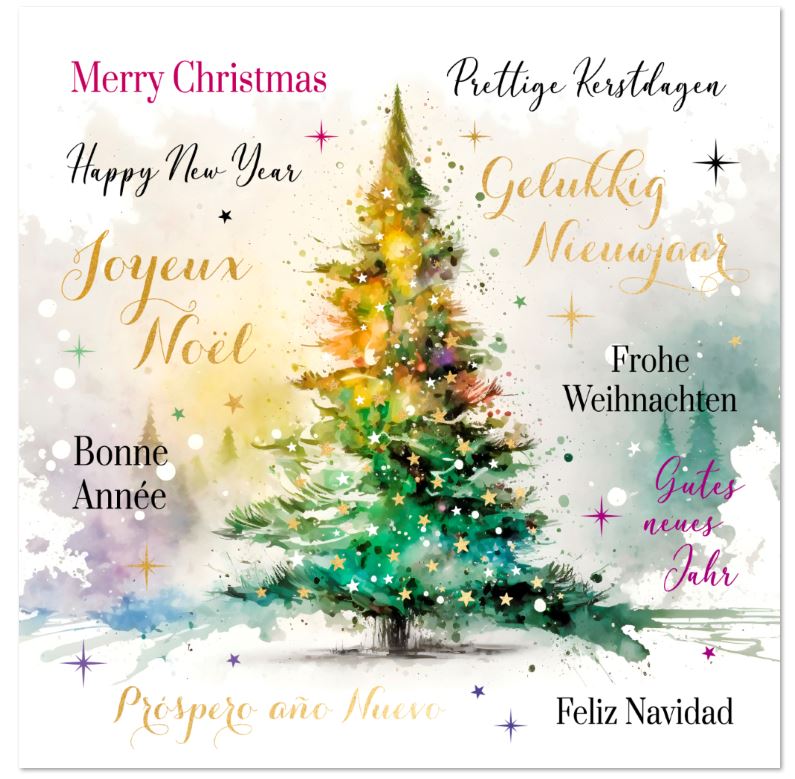 Farbenfrohe Aquarell-Weihnachtskarte "Christmas Global" mit Spendenanteil Make A Wish Deutschland e.V.