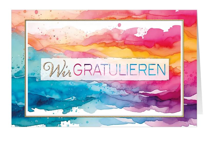 Bunte Glückwunschkarte "Gratulation" im Aquarelldesign mit farbenfrohem Farbenspiel und Glückwünschen