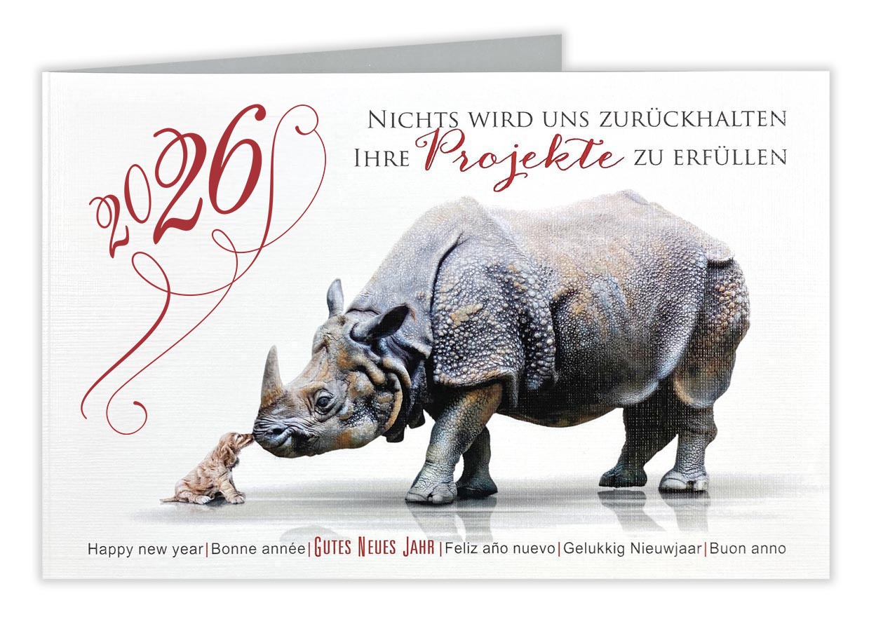 Tierische Neujahrskarte 2026 international mit Hund und Nashorn - Projekte erfüllen