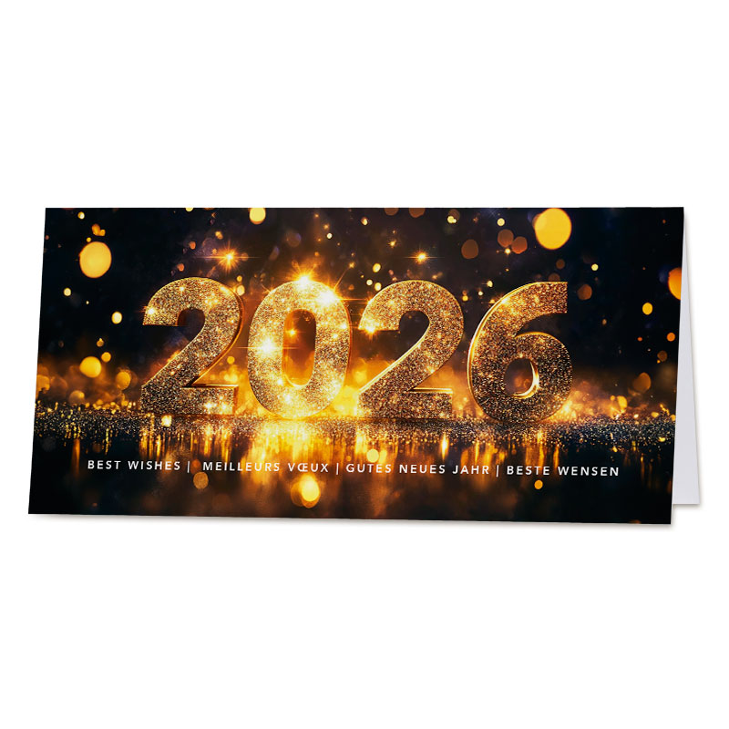 Internationale Neujahrskarte "Glamour" im DIN lang Format mit Jahreszahl 2026 und Neujahrsgrüßen