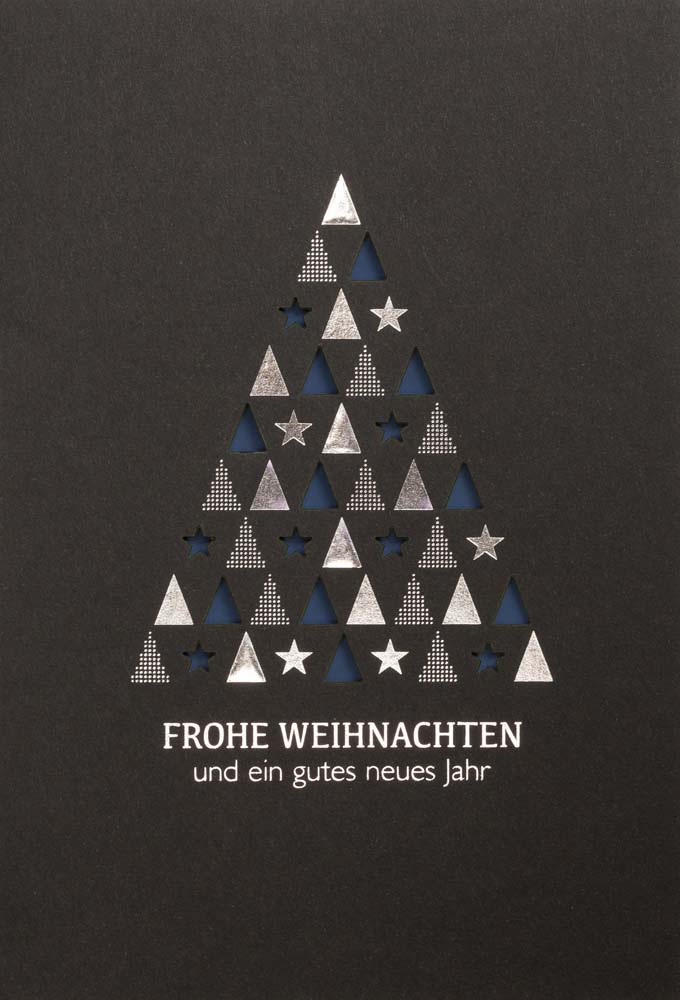 Schwarze Laserkarte mit dunkelblauem Falteinlegeblatt, Weihnachtsgruß und Silberfoliendruck