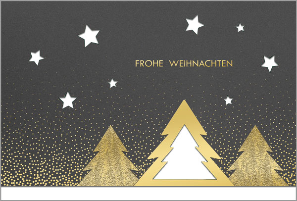 Exklusive Weihnachtskarte in grau mit Goldprägung, Stanzung und Einlegeblatt in weiß