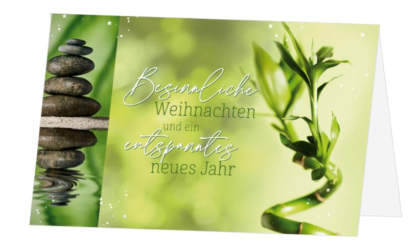 Spendenkarte "Natur und Ruhe" mit Steinen und Bambuspflanze sowie Gutem Zweck: Berggorilla & Regenwald Direkthilfe e.V.