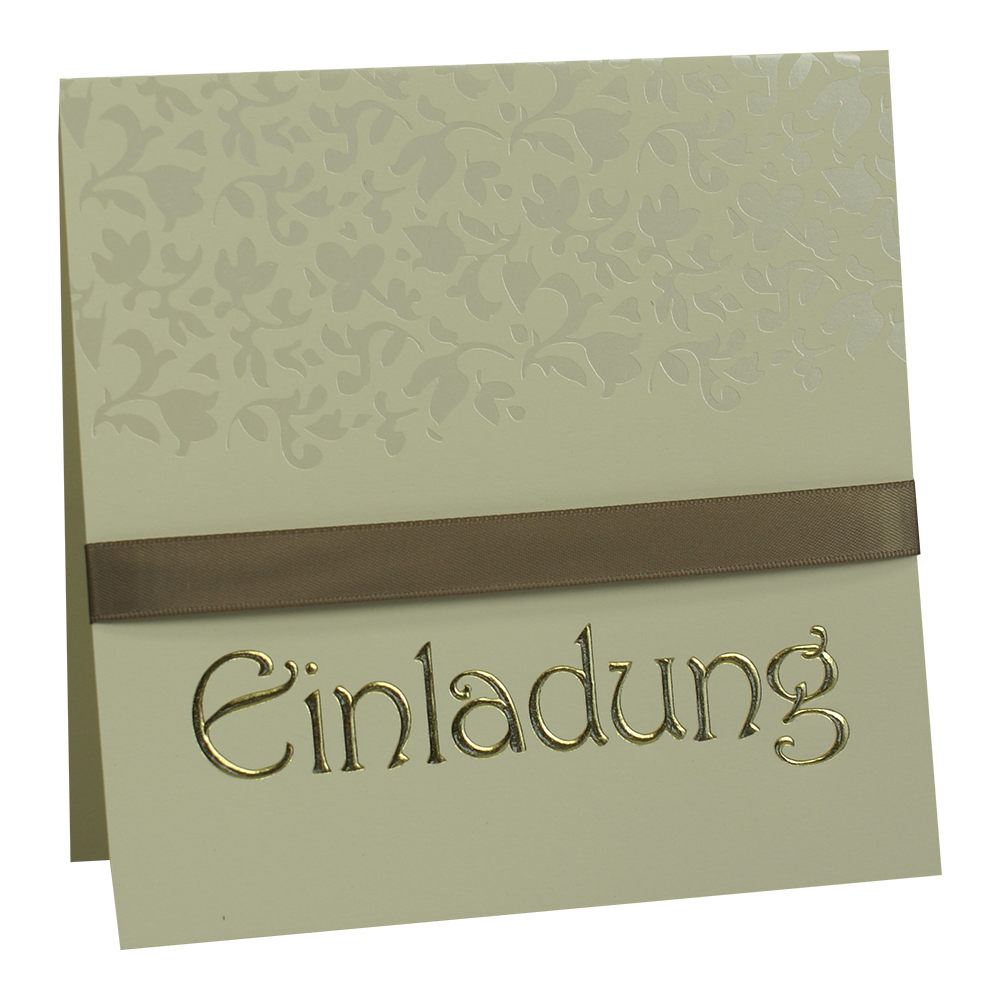 Einladungkarte mit perlmuttfarbenem Ornament u. goldener Schrift