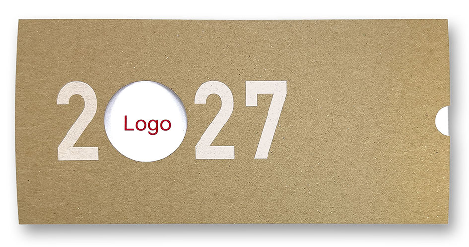 Naturbraune Neujahrskarte Schiebekarte für Jahr 2026 - 2027 mit Firmen-Logo-Fenster