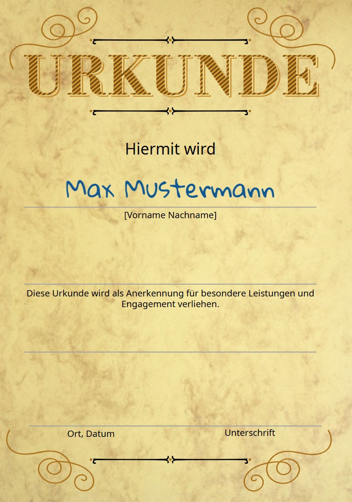 Urkunde aus edlem, marmoriertem Design-Karton chamoisfarben mit 200g/m² Grammatur.