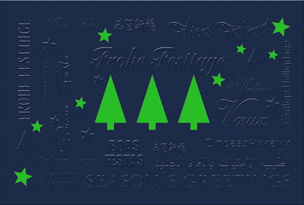 Weihnachtskarte mit Sternen und Weihnachtsbäumen und grünem Einleger
