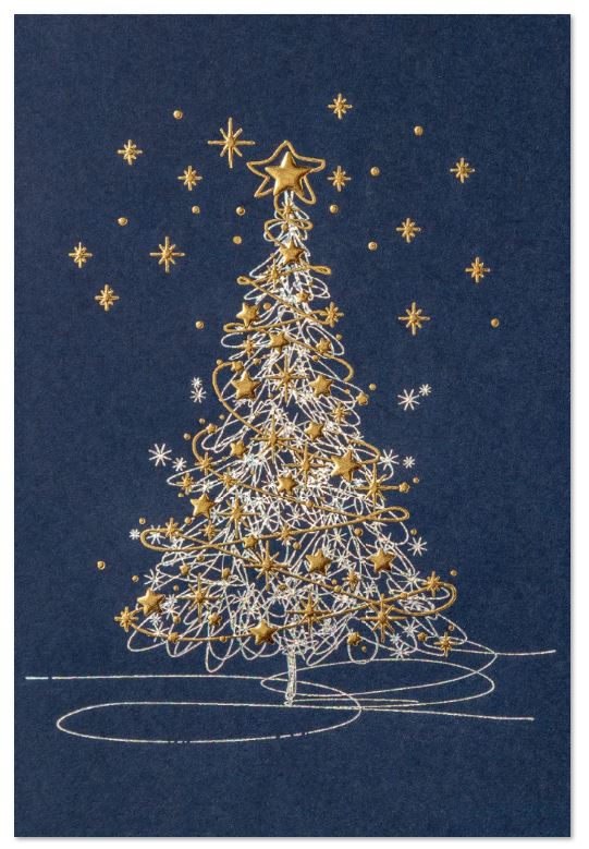 Blaue Weihnachtskarte "Faszination" mit Gold- und Silberfolienprägung von Baum und Sternen, inkl. Einlegeblatt