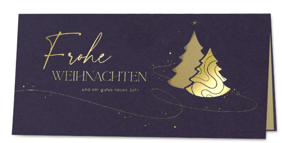 Elegante Weihnachtskarte "Winterwald" mit Stanzung und Goldfolienprägung, inkl. goldenem Falteinleger