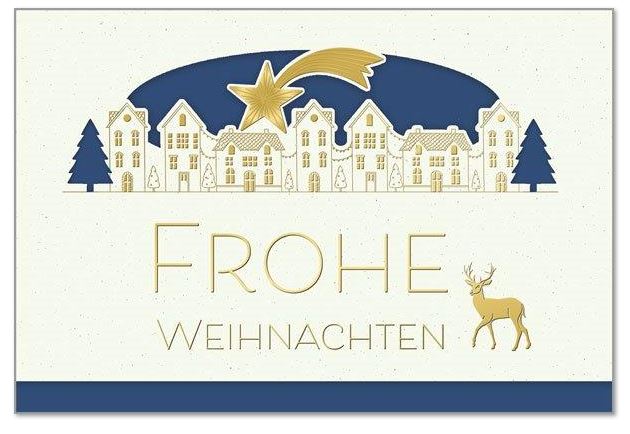 Weiße Festtagskarte "Weihnachtszauber" mit Formstanzung, Goldprägung und Einlegeblatt in dunkelblau