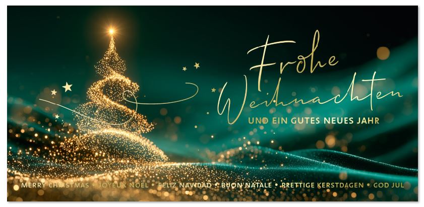 Smaragdgrüne Weihnachtskarte mit Goldprägung, Bokeh-Effekt und internationalen Weihnachtsgrüßen, DIN lang