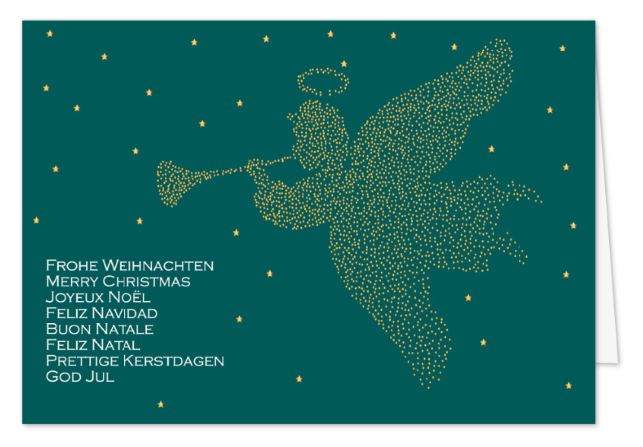 Elegante internationale Weihnachtskarte mit goldener Engel-Silhouette aus Sternenstaub 