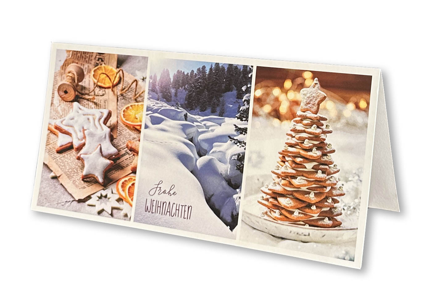 Duft-Weihnachtskarte im Panorama-Format mit winterlichen und weihnachtlichen Impressionen und Gruß.