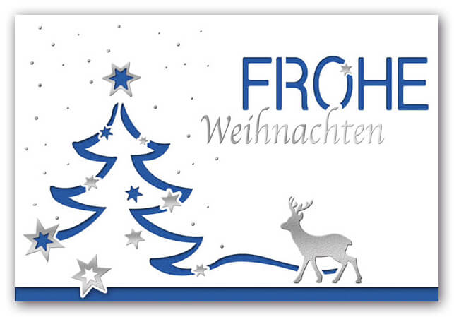 Weihnachtskarte in weiss mit blauem Falteinleger, Baumstanzung und Gruß "Frohe Weihnachten"