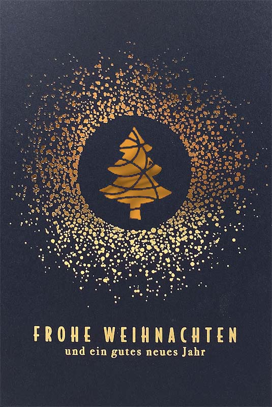 Exclusive Weihnachtskarte in blau mit Laserstanzung und Goldfolienprägung, Einleger kupfer