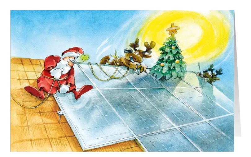 Fröhliche Weihnachtskarte "Sonnige Aussichten" für Solartechnik und Photovoltaik im lustigen Comic-Stil