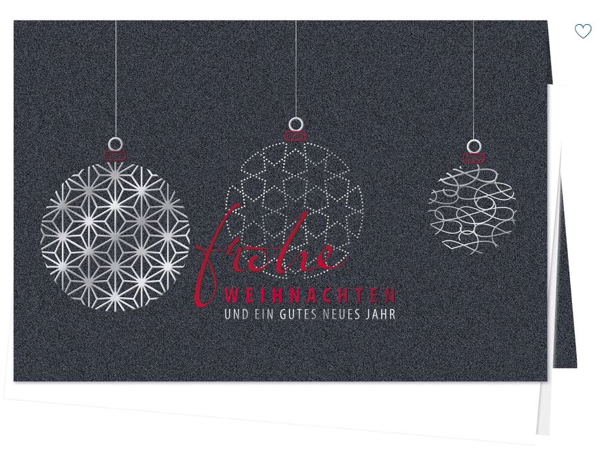 Anthrazitfarbene Weihnachtskarte mit Rot- und Silberfolienprägung von Gruß und Kugeln, inkl. Einlegeblatt innen