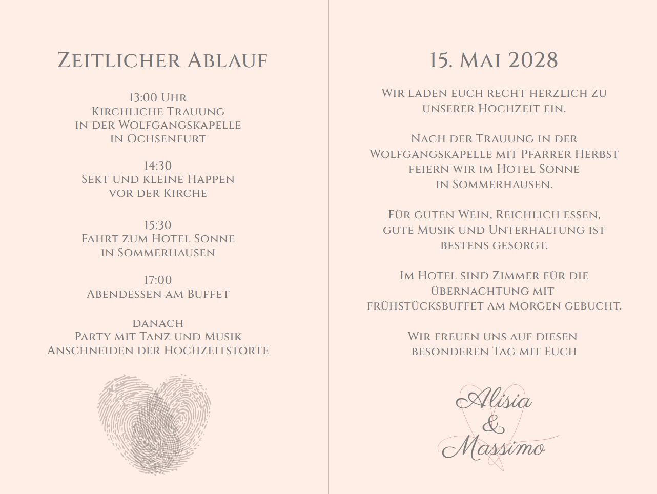 Einladungskarte zur Hochzeit in zartem apricot mit personalisierbarem Herz aus Fingerabdrücken - Mustertext Einladung und zeitlicher Ablauf