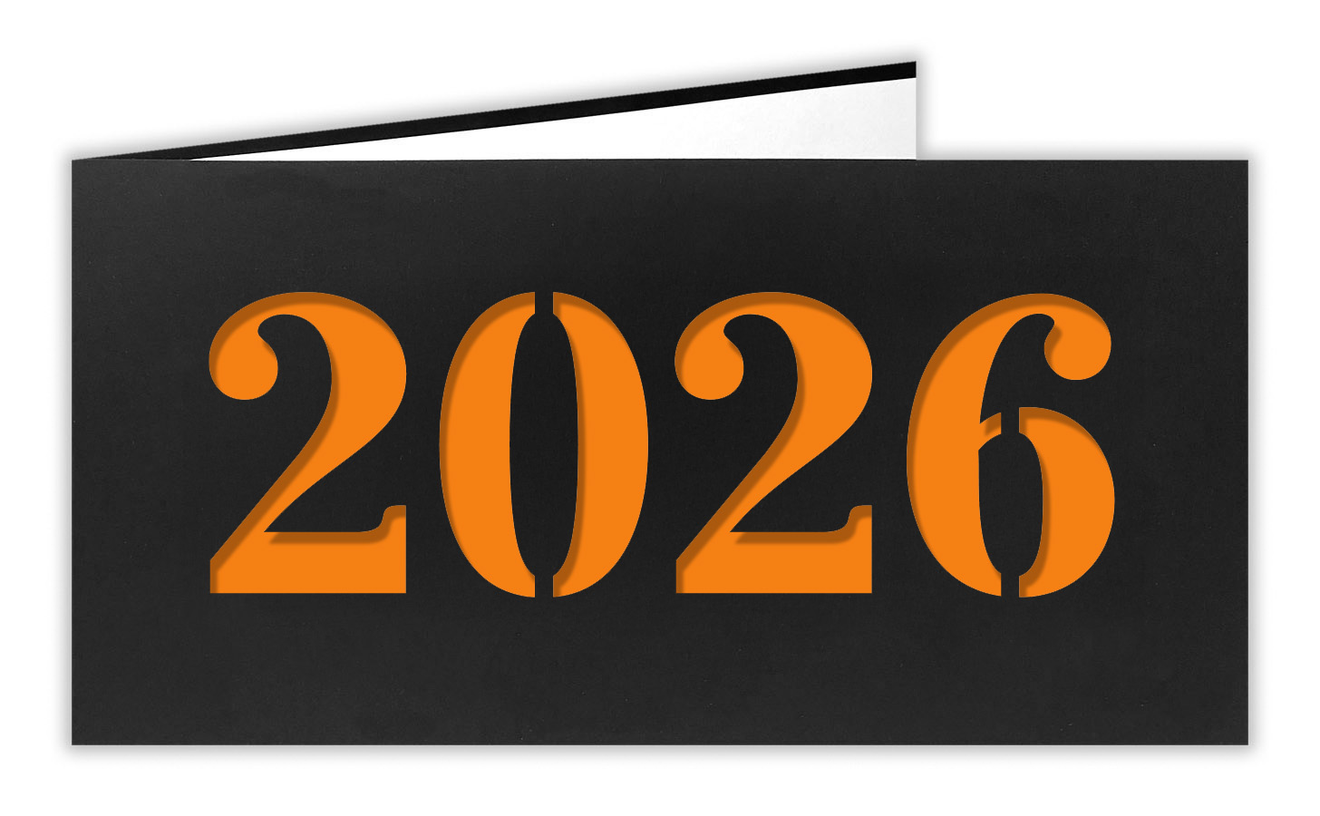 Neujahrskarte schwarz mit Laserstanzung 2026 und orangenem Einlegeblatt