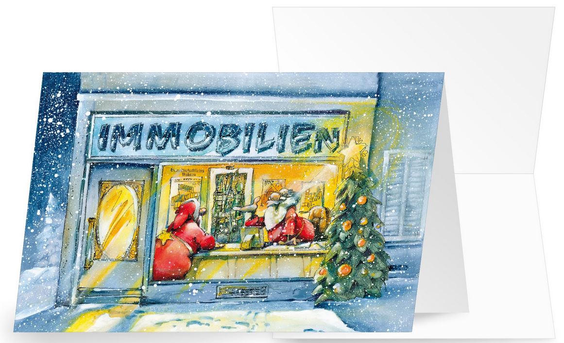 Witzige Branchenweihnachtskarte "Immobilien" mit Weihnachtsmann im Büro des Immobilienhändlers