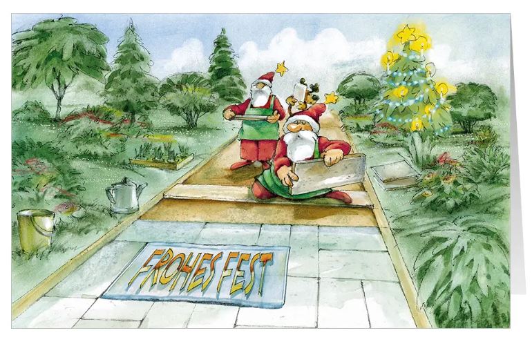 Lustige Branchenweihnachtskarte "Trittfeste Festtage" für Garten- und Landschaftsbau im humorvollen Design