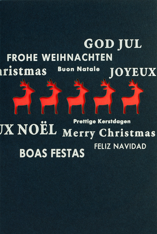 Weihnachtskarte nachtblau mit Rentieren und Wünschen - rot