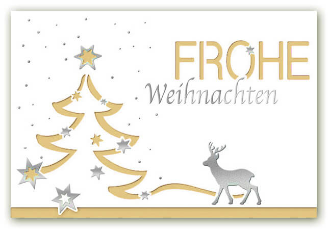 Weihnachtskarte in weiss mit goldenem Falteinleger, Baumstanzung und Gruß "Frohe Weihnachten"