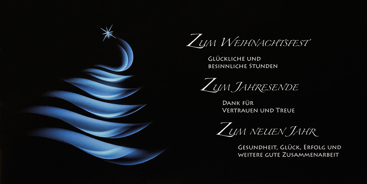 Weihnachtskarte schwarz mit blauem Baum und geschäftlichem Text