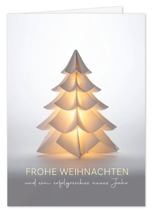 Moderne Firmenweihnachtskarte mit Origami-Weihnachtsbaum und Spendenanteil für Kinder-Krebs-Stiftung