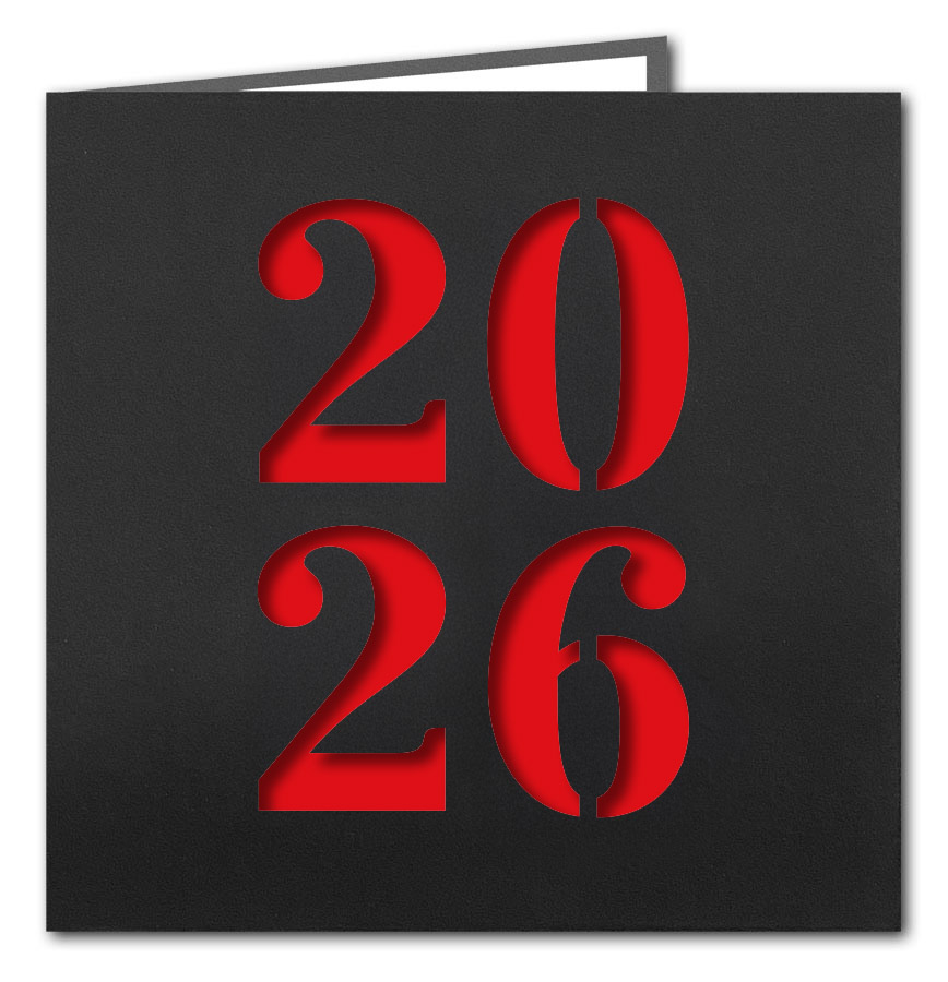 Neujahrskarte schwarz mit Laserstanzung Jahreszahl 2026 und rotem Einlegeblatt