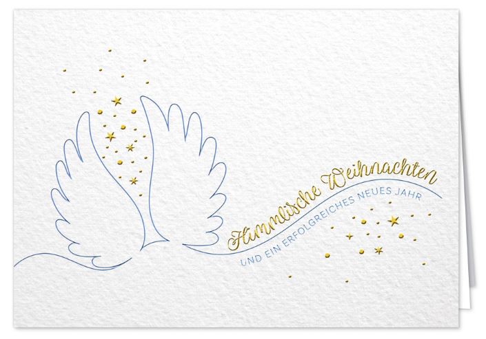 Firmenweihnachtskarte „Himmlische Engelsflügel“ weiß mit Gold- und Blaufollienprägung, inkl. Einlegeblatt