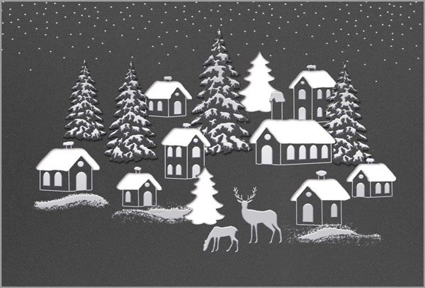 Spendenweihnachtskarte für das Deutsche Kinderhilfswerk e.V. mit verschneitem Winterdorf, Einleger weiß