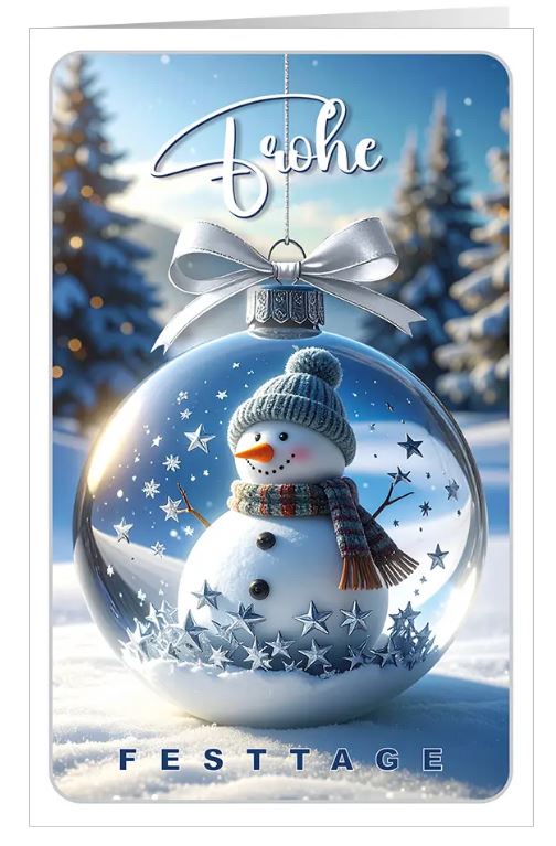 Fröhliche Weihnachtskarte "Stimmungsvolle Winterzeit" mit Schneemann in einer transparenten Weihnachtskugel
