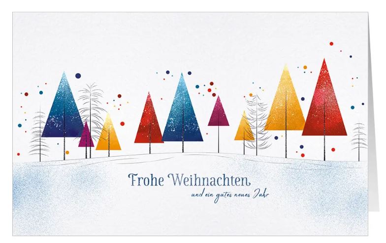 Bunte Weihnachtskarte "Kreatives Design" im modernen Design mit Weihnachtsgruß und Tannenbäumen