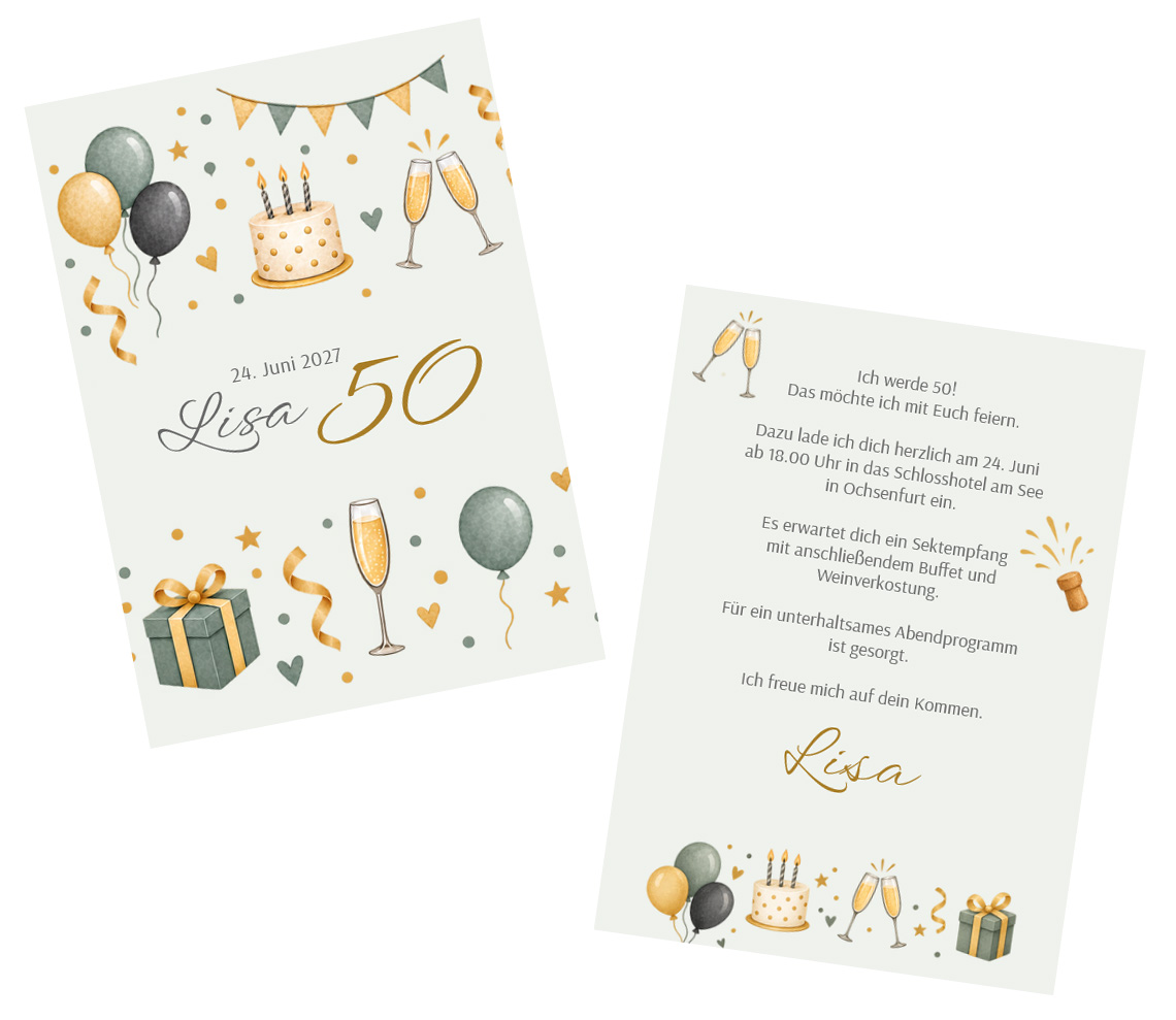 Einladungskarte zum 50. Geburtstag mit stilvollen Party-Icons als beidseitig, individuell bedruckbare Einzelkarte
