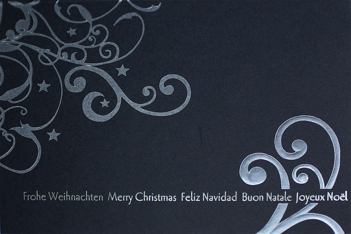Weihnachtskarte international, nachtblau mit silberblauem Relief