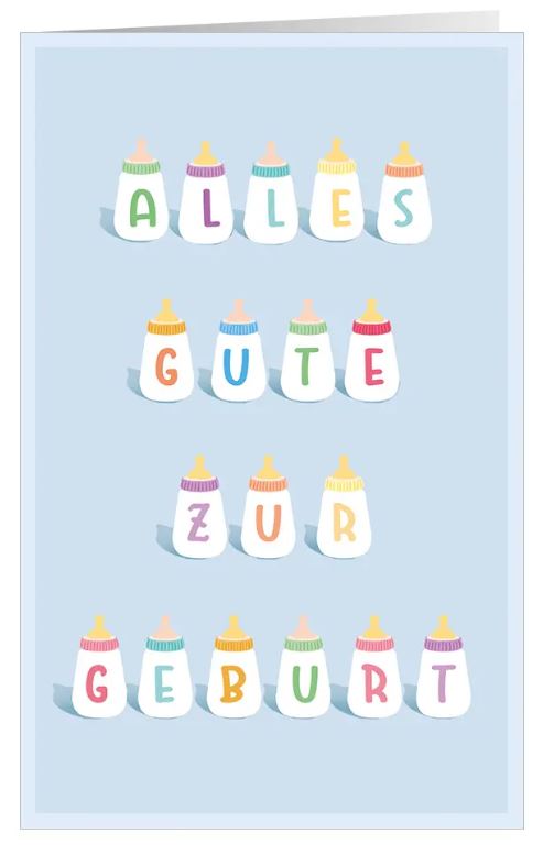 Farbenfrohe Geburts-Glückwunschkarte "Endlich angekommen" mit Milchfläschchen und Glückwünschen