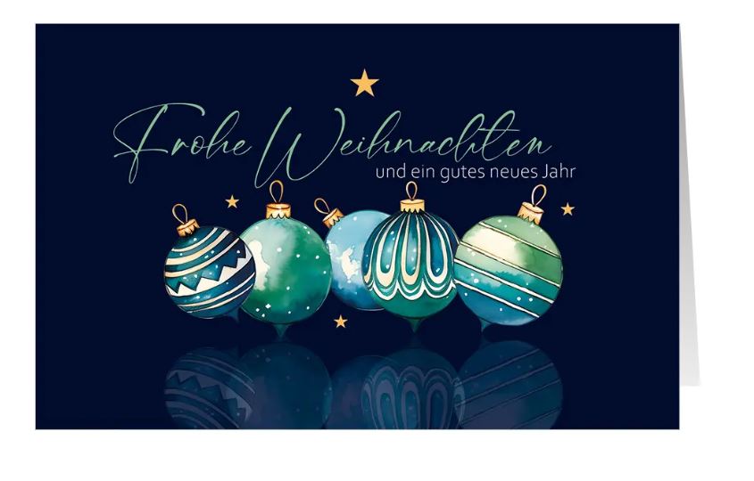 Blaue Weihnachtskarte "Festlicher Glanz" mit verzierten Weihnachtskugeln und Weihnachtsgruß