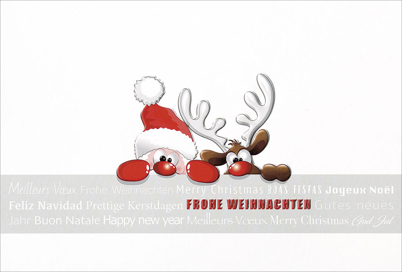 Lustige Weihnachtskarte mit Weihnachtsmann und Rentier mit internationalen Weihnachtsgrüßen