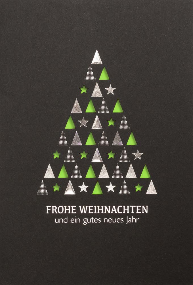 Schwarze Laserkarte mit grünem Falteinlegeblatt, Weihnachtsgruß und Silberfoliendruck