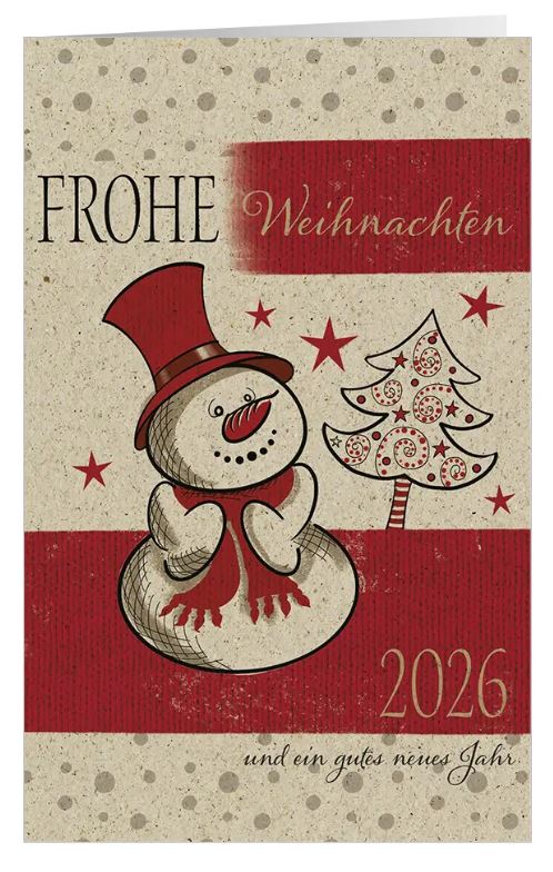 Humorvolle Weihnachtskarte "Fröhlicher Schneemann" aus nachhaltigem Graspapier mit Weihnachtsgruß und Jahreszahl 2026
