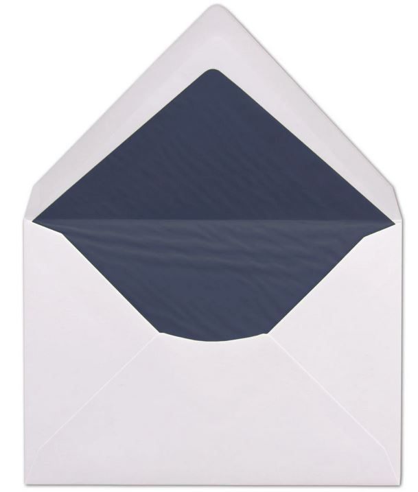 Briefumschlag DIN C6, 16,2 x 11,4 cm, nassklebend, 100g, weiß gefüttert mit dunkelblauem Seidenpapier 