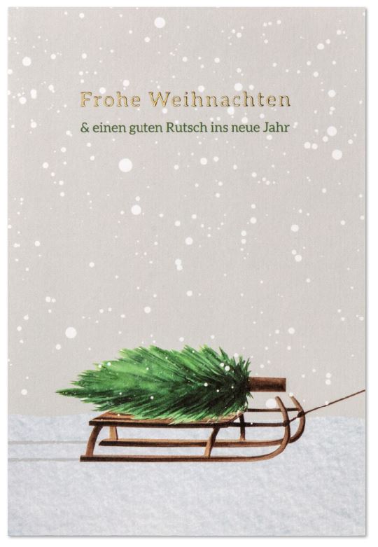 Winterliche Weihnachtskarte "Festbaum auf Kufen" mit grüner Tanne auf einem Schlitten und Weihnachtsgruß