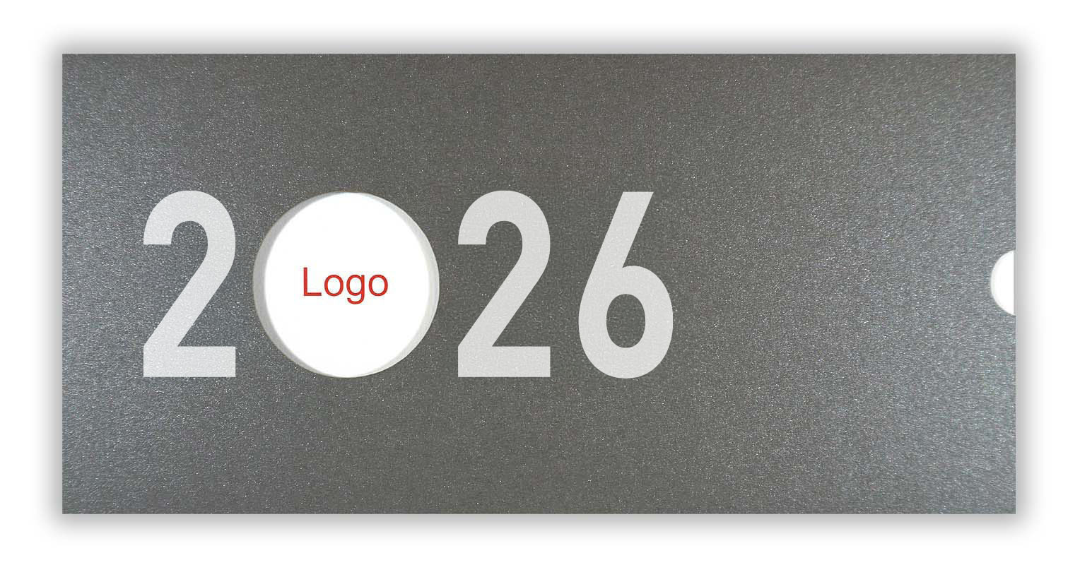 Neujahrskarte anthrazit Metallic Schiebekarte für Jahreswechsel 2025 - 2026 mit Logo-Fenster
