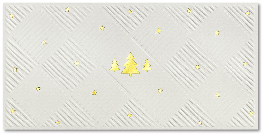 Cremefarbene Weihnachtskarte mit Goldfolienprägung Bäume und Sterne