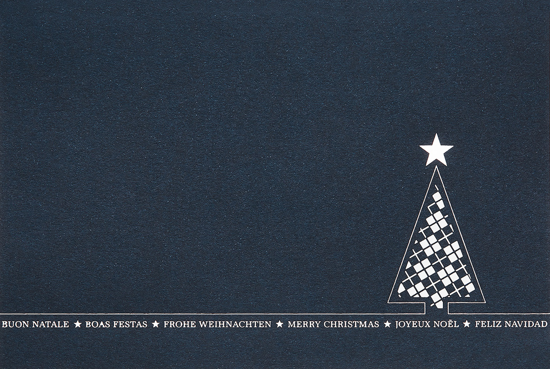 Weihnachtskarte nachtblau mit internationalen Weihnachtswünschen
