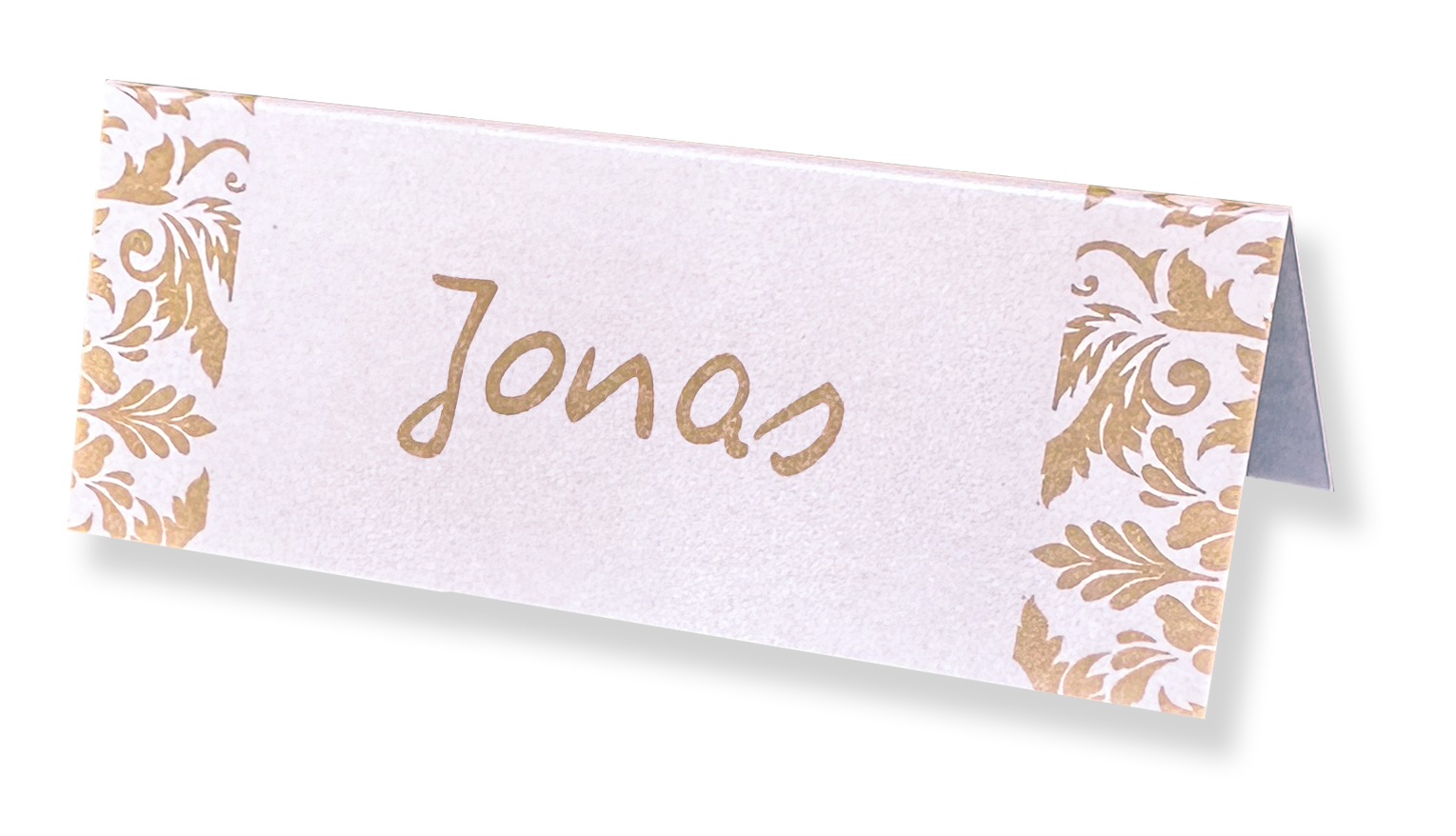 Tischkarte mit Ornamentverzierung in gold auf Perlmuttkarton
