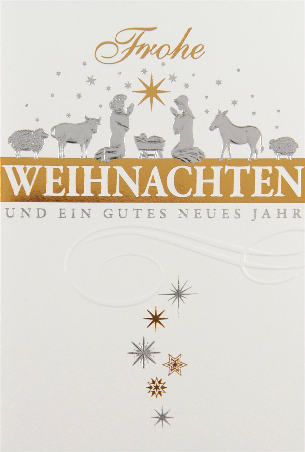 Weihnachtskarte weiß mit Christuskind in der Krippe, Maria und Josef sowie mit Tieren
