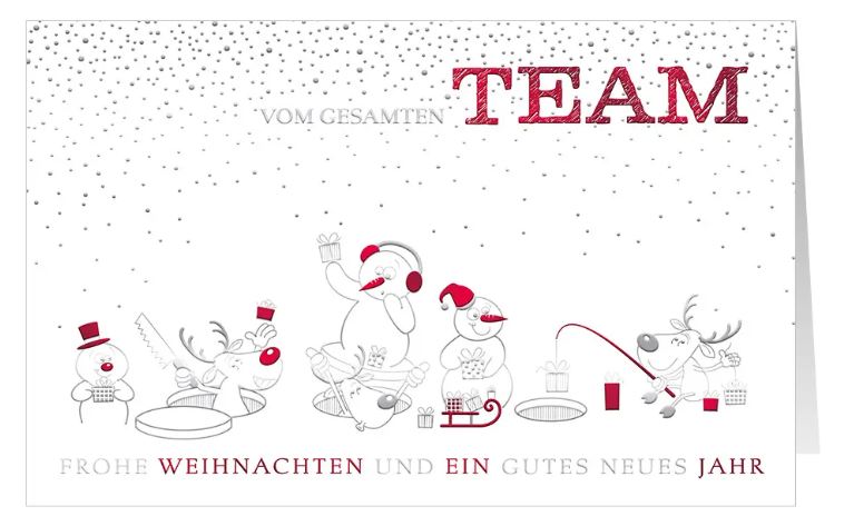 Lustige Firmenweihnachtskarte mit Teamgruß "Fröhliche Eiszeit" in weiß mit Silberprägung
